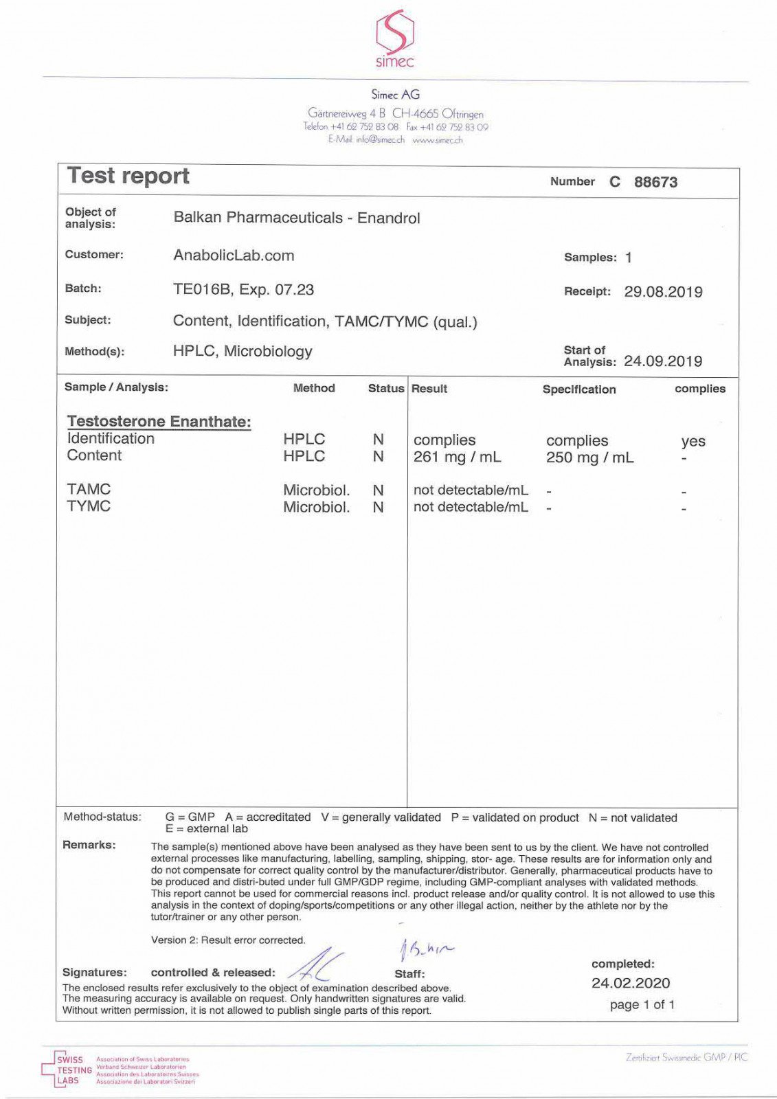 Enandrol Lab Test Results