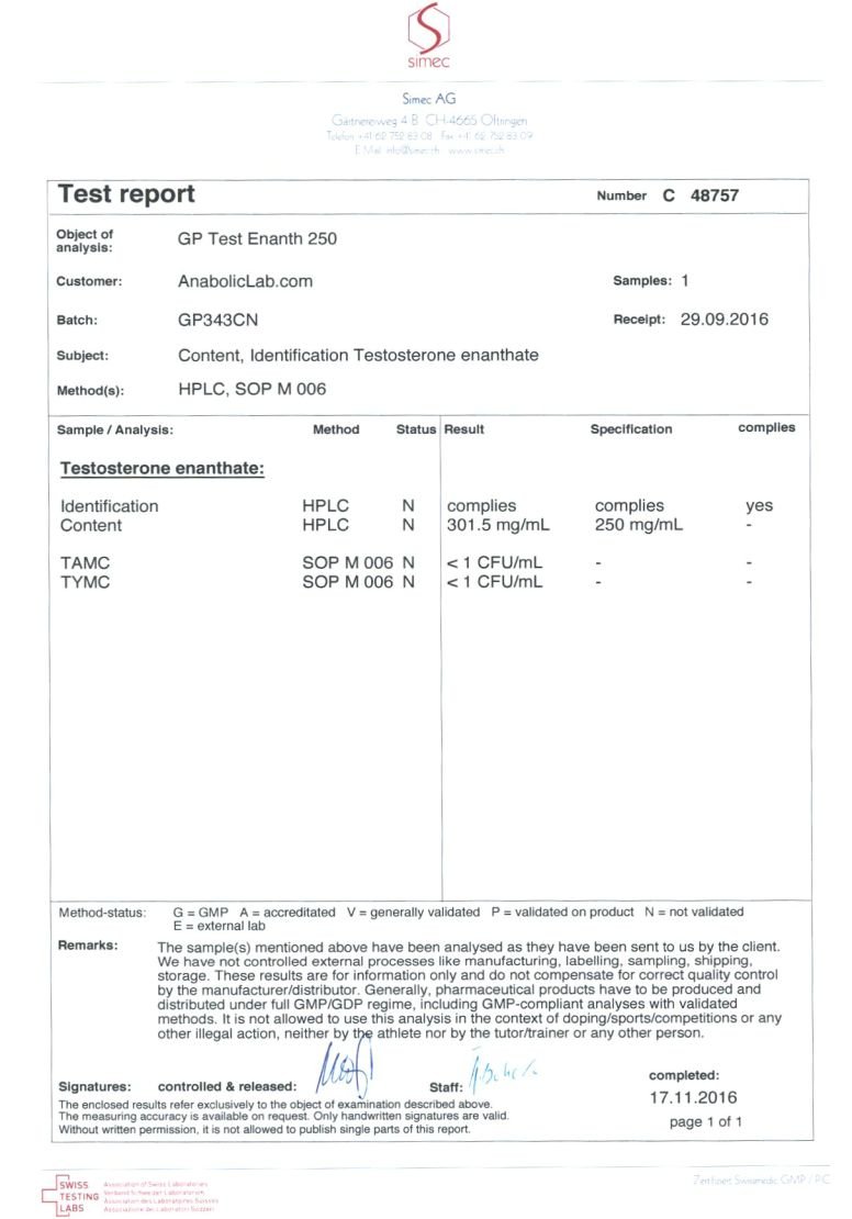 Geneza GP Test Enanth 250 Lab Result